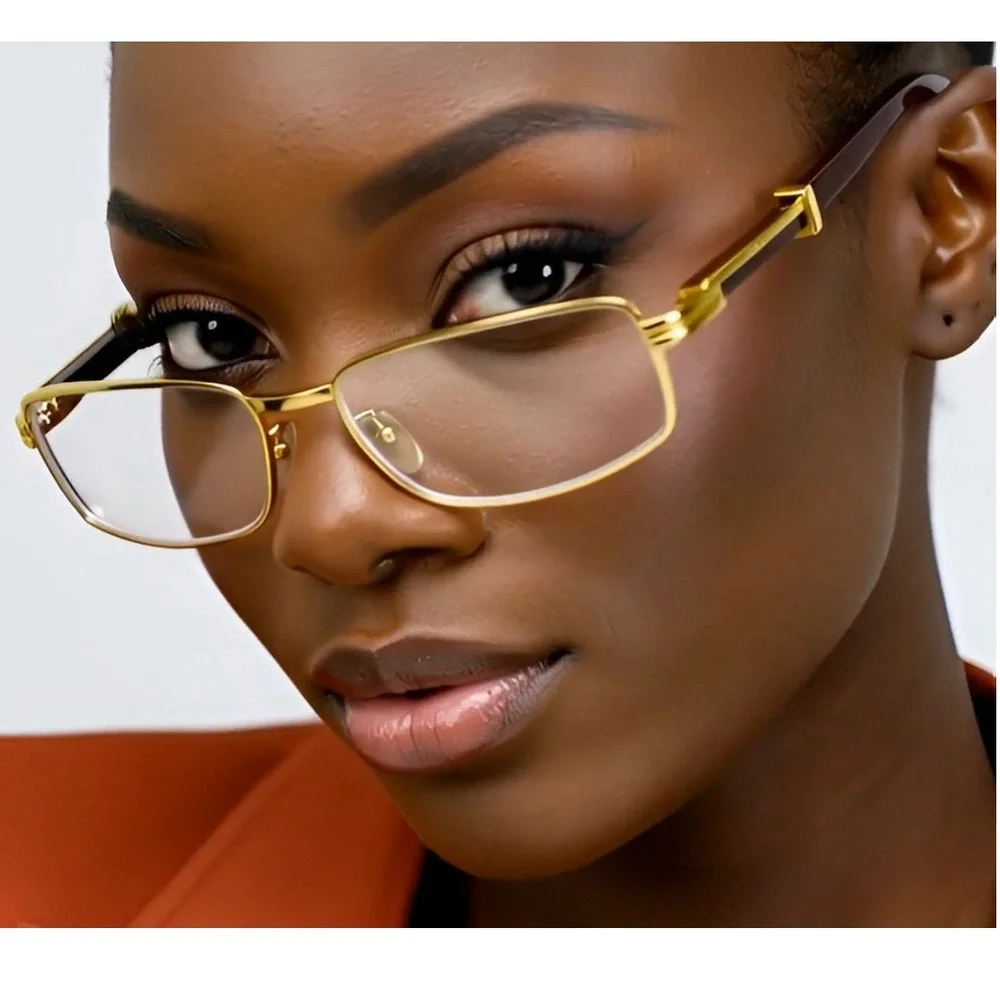 Rimless Rectangle Glasses Gold Frame Wood Arms Women Fashion Eyewear Trendy 2026